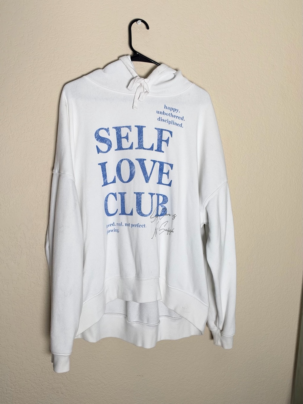Grayson Threads White Hoodie Sweater with Blue "Self Love Club" Print
